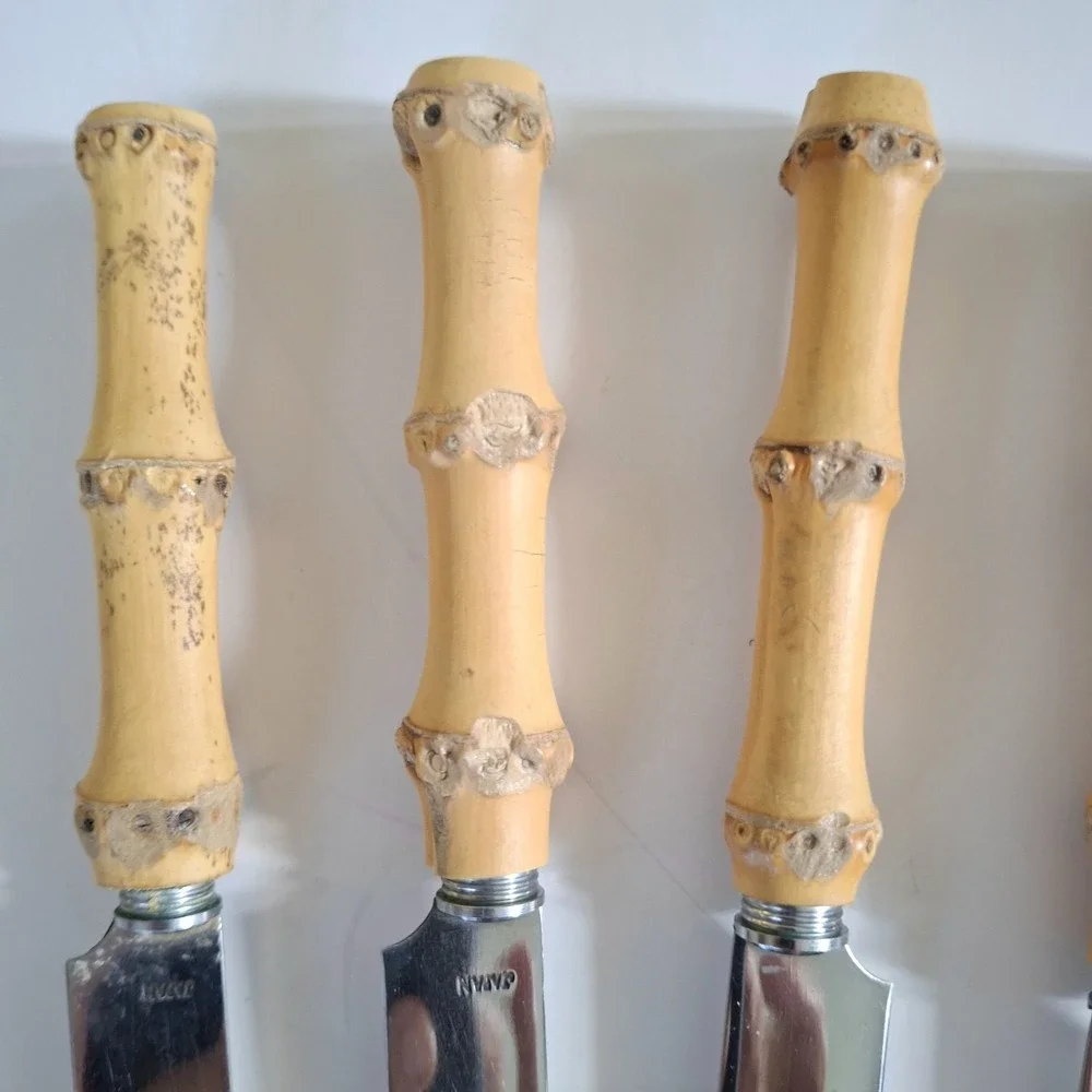 Vintage Mid Century Modern‎ Bamboo Tiki Silverware 4 pc Knives Stainless Japan